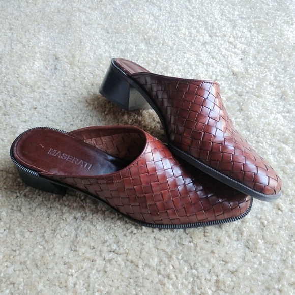 Maserati Shoes - Maserati Brown Leather Woven Mules Block Heel 8